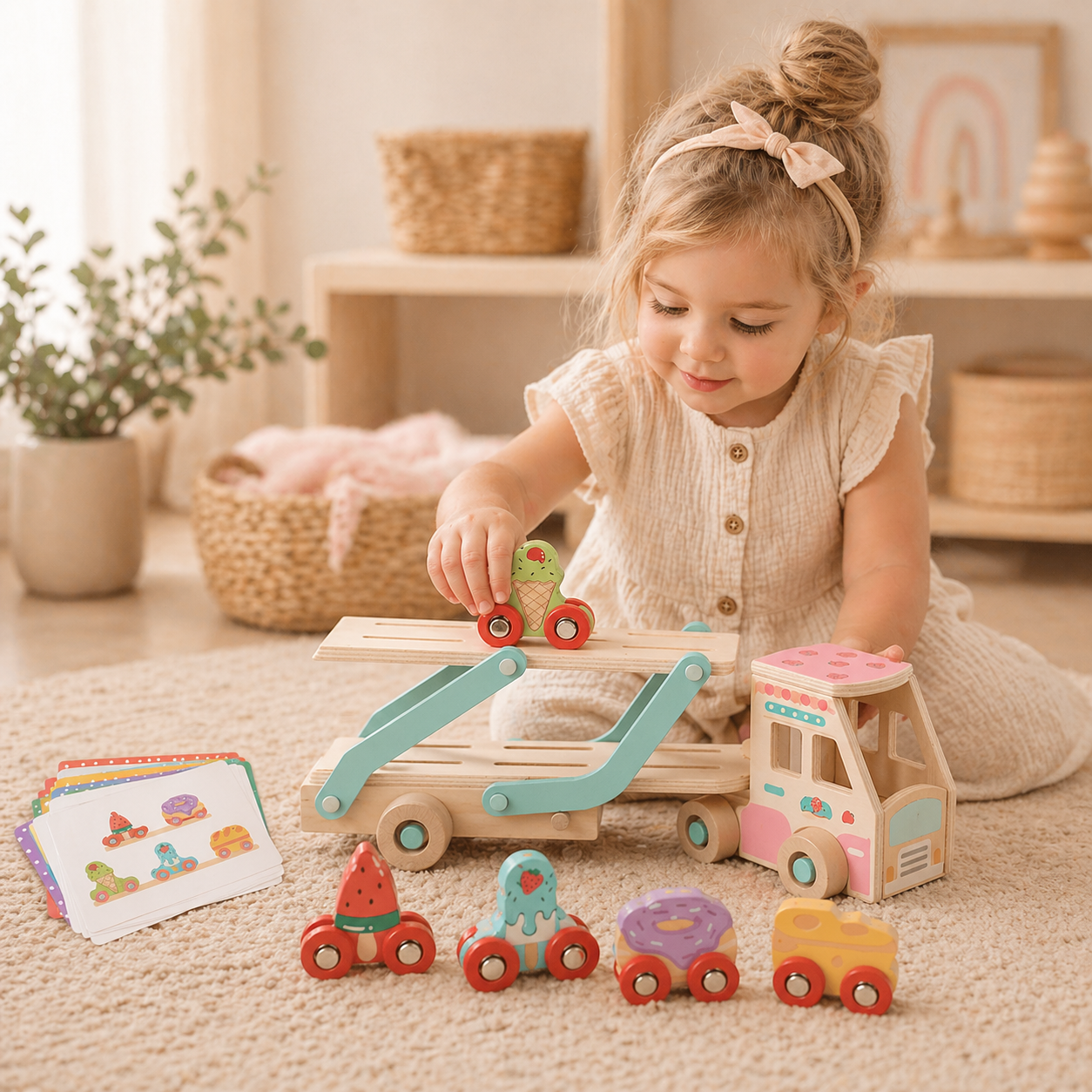Child playing with wooden toy cars and a pull along vehicle in a cozy room.