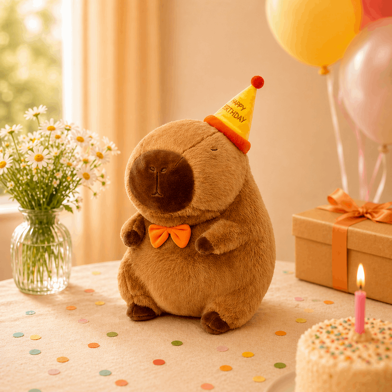 Plush capybara with a birthday hat, gift, and cake on a table with balloons in the background.