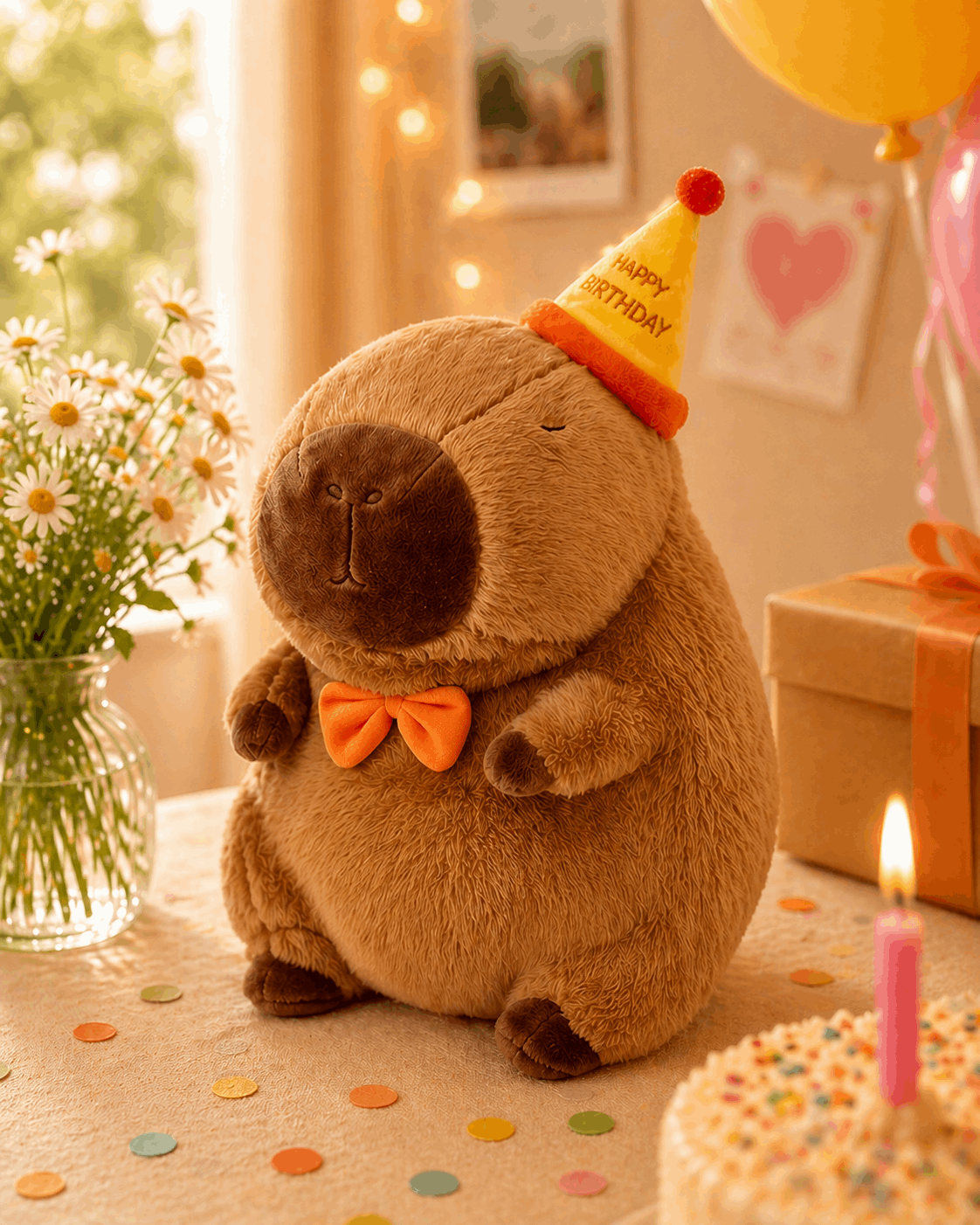 Plush animal toy with a birthday hat in a celebratory setting with balloons and flowers.