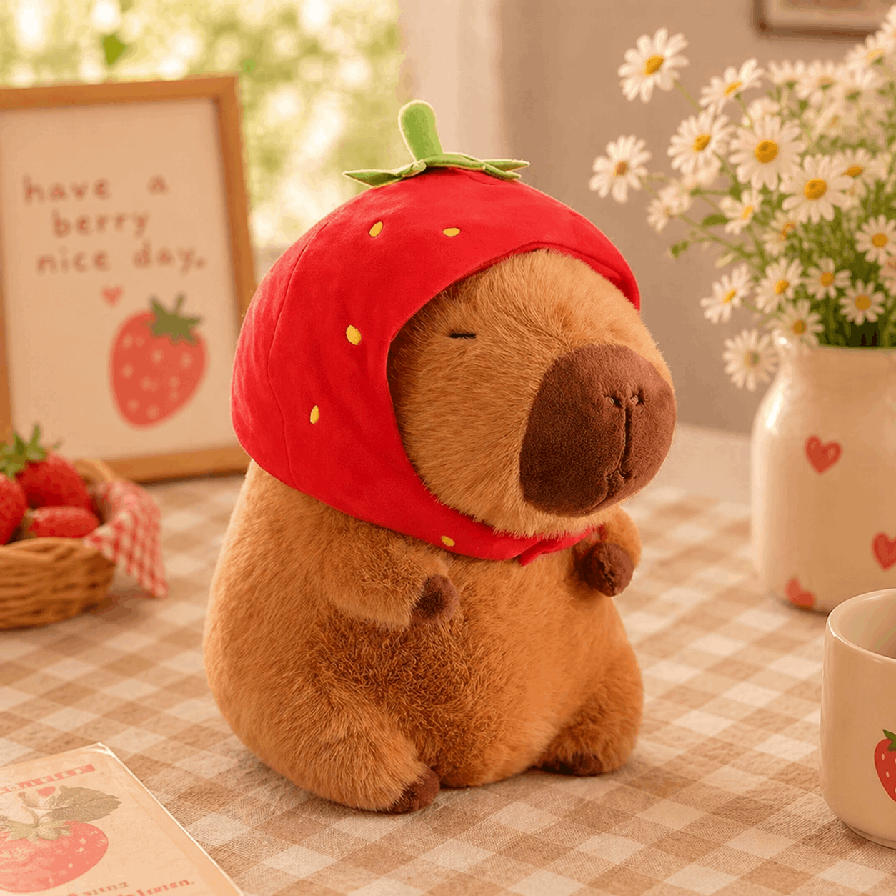 Plush toy bear wearing a strawberry hat on a checkered tablecloth with a 'have a berry nice day' sign in the background.