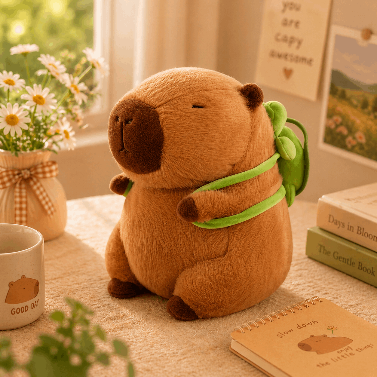 Plush animal toy with a green ribbon on a table with books and a mug.