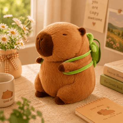Plush animal toy with a green ribbon on a table with books and a mug.
