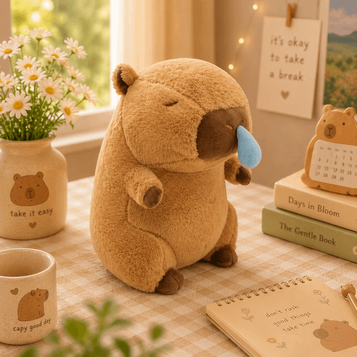 Plush bear toy with a blue bow tie on a checkered tablecloth with books and flowers.