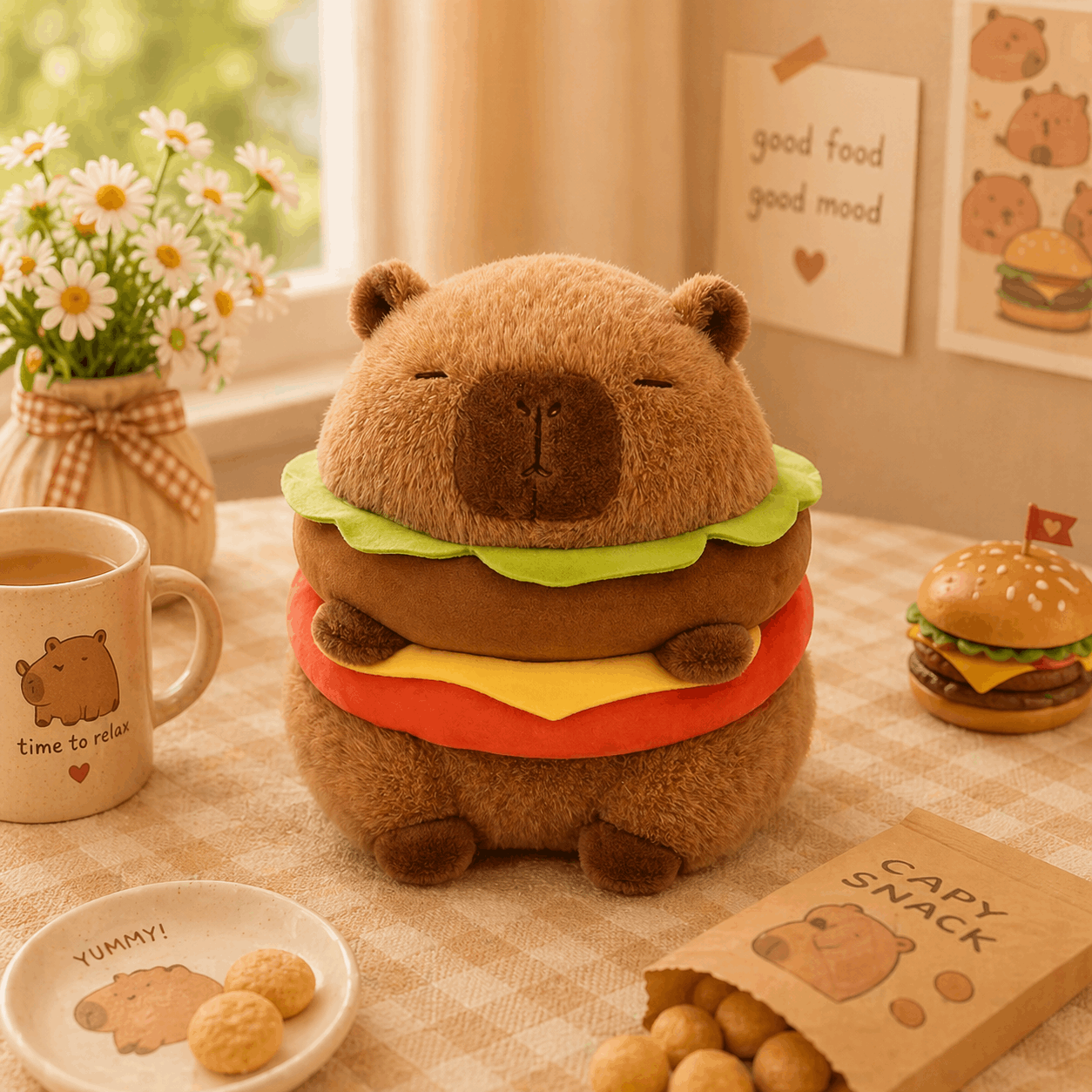 Plush toy shaped like a hamburger with bear design on a table with coffee and snacks.