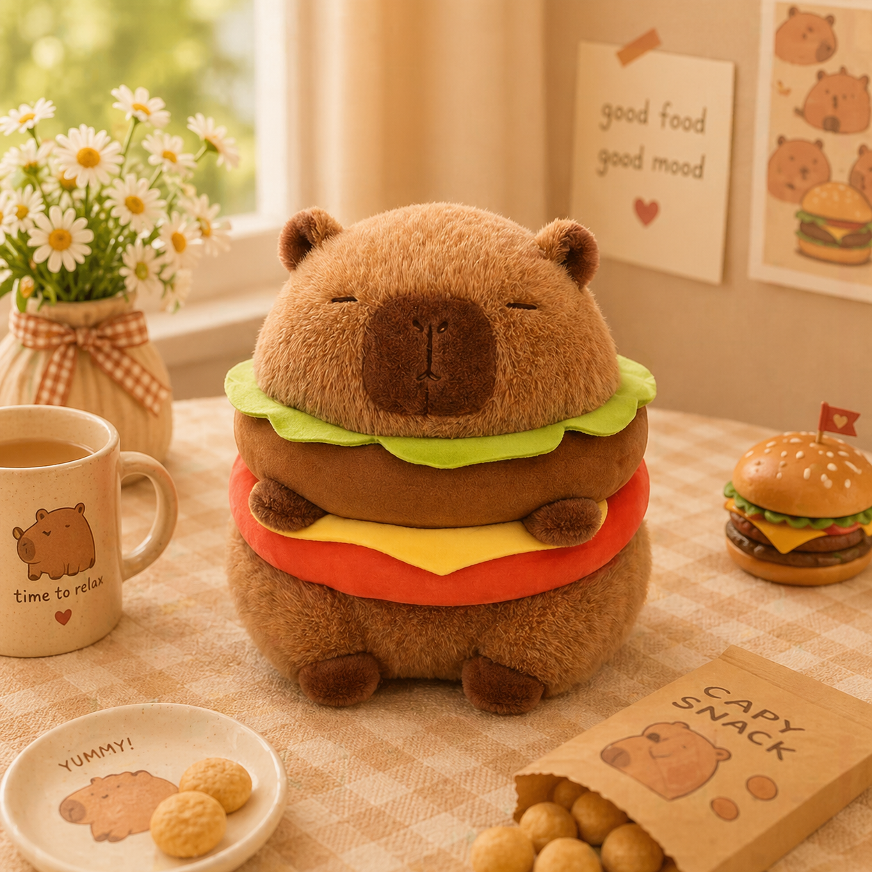 Plush toy shaped like a hamburger with bear design on a table with coffee and snacks.