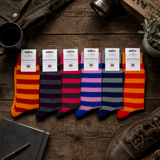 Colourful striped socks on a wooden background 