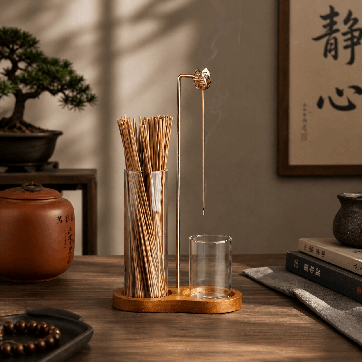 Incense burner with incense sticks on a wooden table, with a bonsai tree and books in the background.