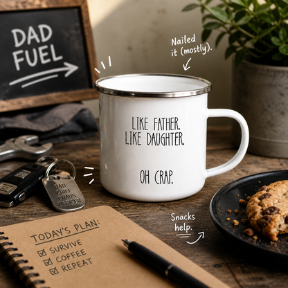 White mug with humorous text on a wooden table with snacks and a chalkboard in the background.