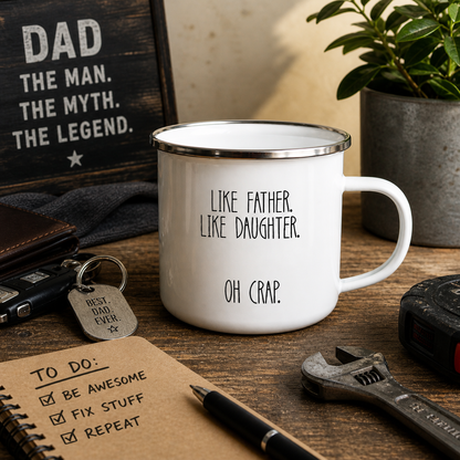 White mug with text on a wooden surface with a plant, wallet, and keys in the background.
