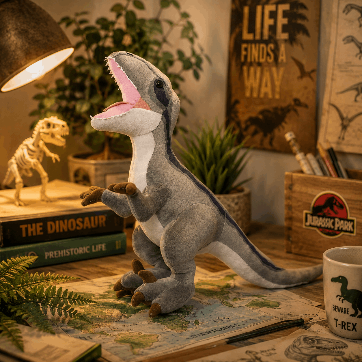 Plush dinosaur toy on a table with a lamp, books, and decorative items in the background.