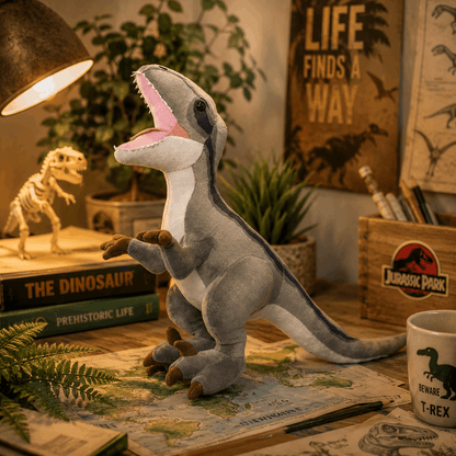 Plush dinosaur toy on a table with a lamp, books, and decorative items in the background.