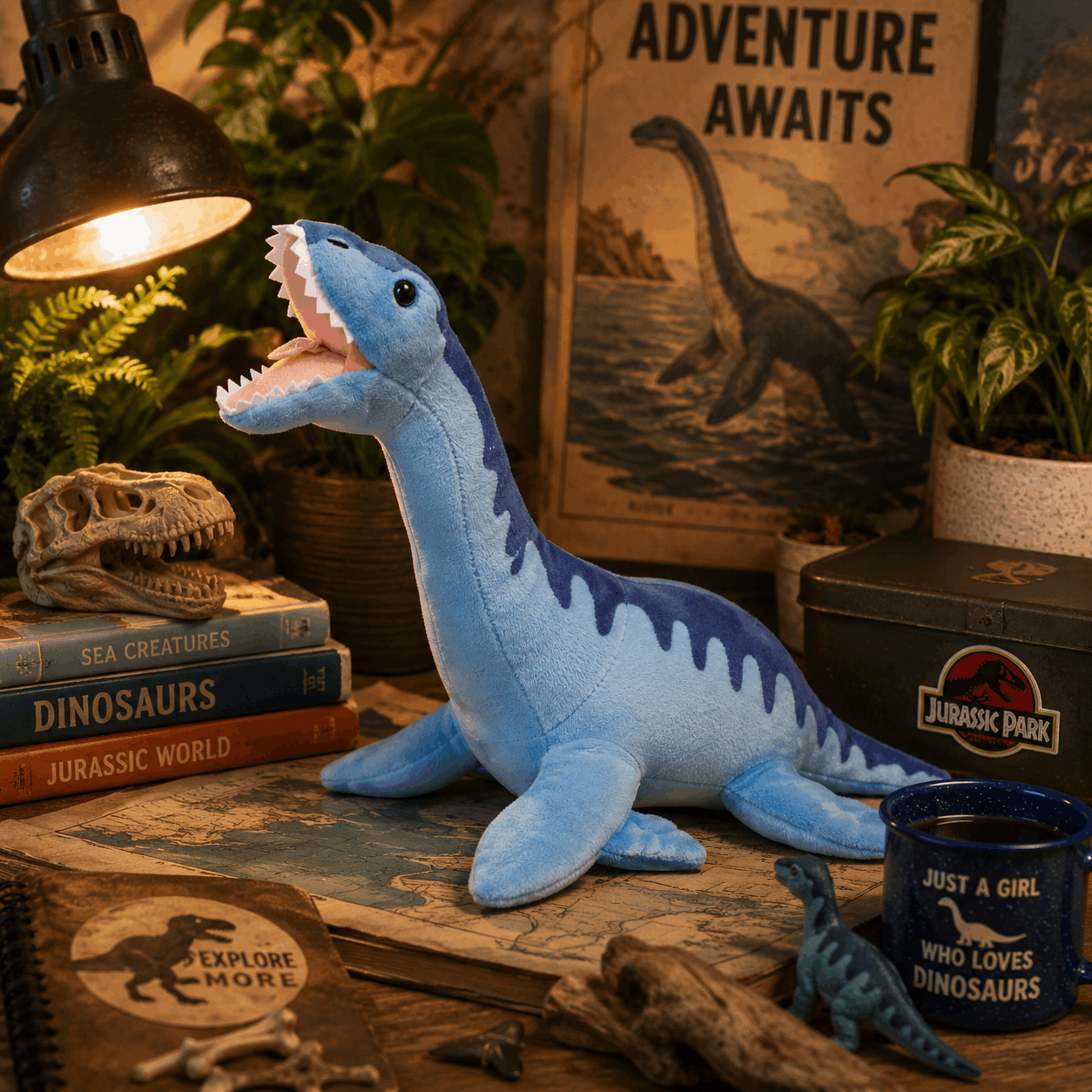 Blue dinosaur plush toy on a table with books and decor