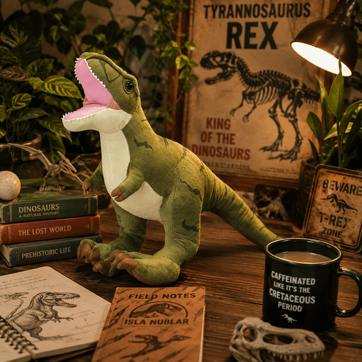 Plush dinosaur toy on a table with books and a coffee cup in a dinosaur-themed setting