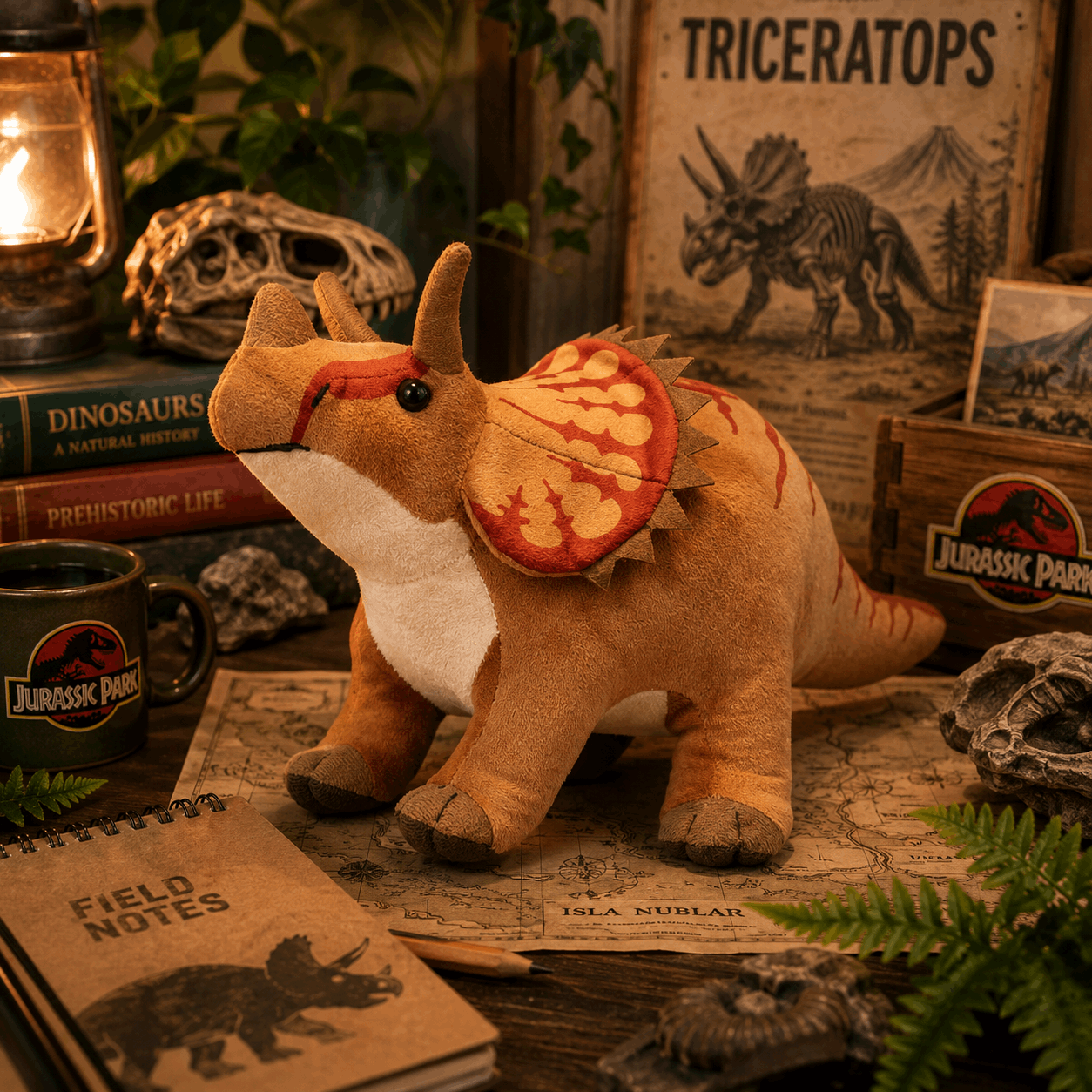 Plush triceratops toy on a table with dinosaur-themed decor
