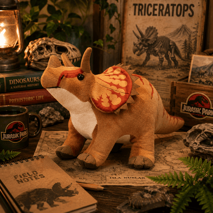 Plush triceratops toy on a table with dinosaur-themed decor
