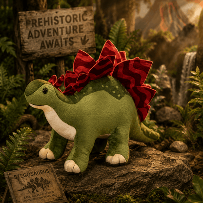 Green dinosaur plush toy with red spikes in a prehistoric adventure setting