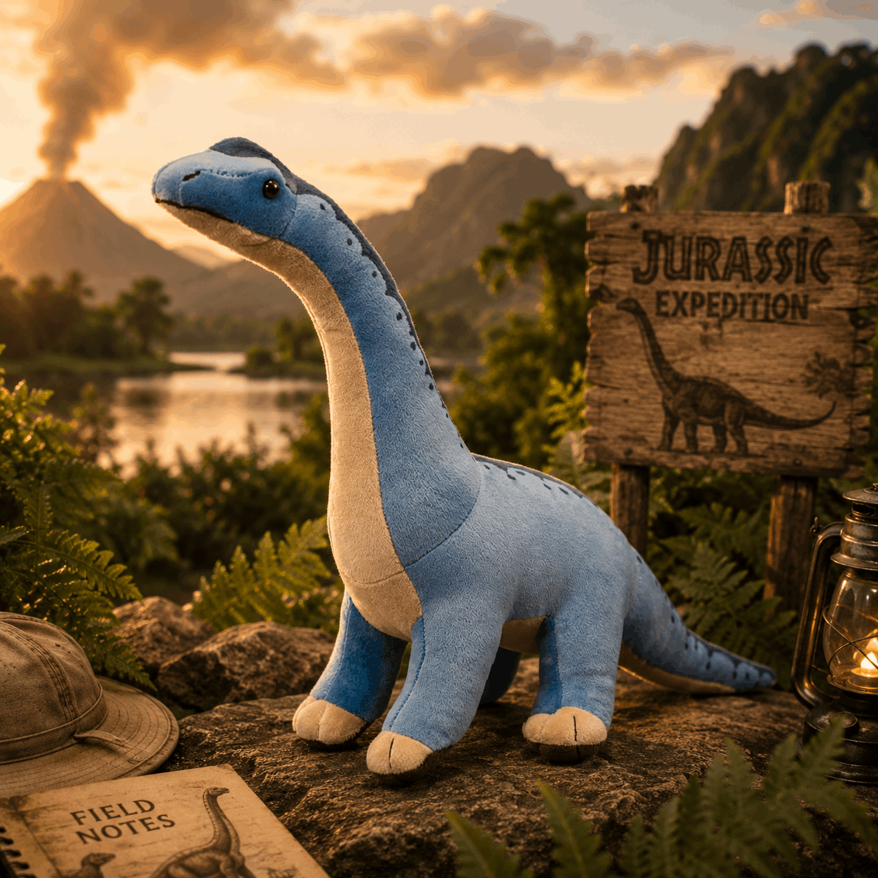 Plush dinosaur toy in a prehistoric setting with a sunset and 'Jurassic Expedition' sign.