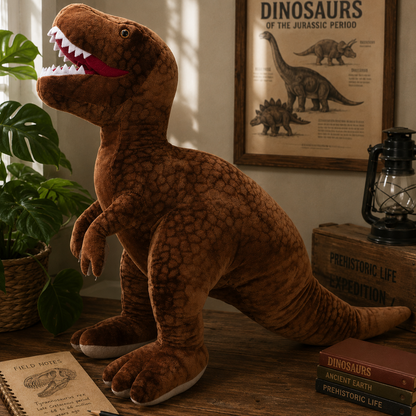 Plush dinosaur toy on a wooden surface with a dinosaur-themed poster in the background