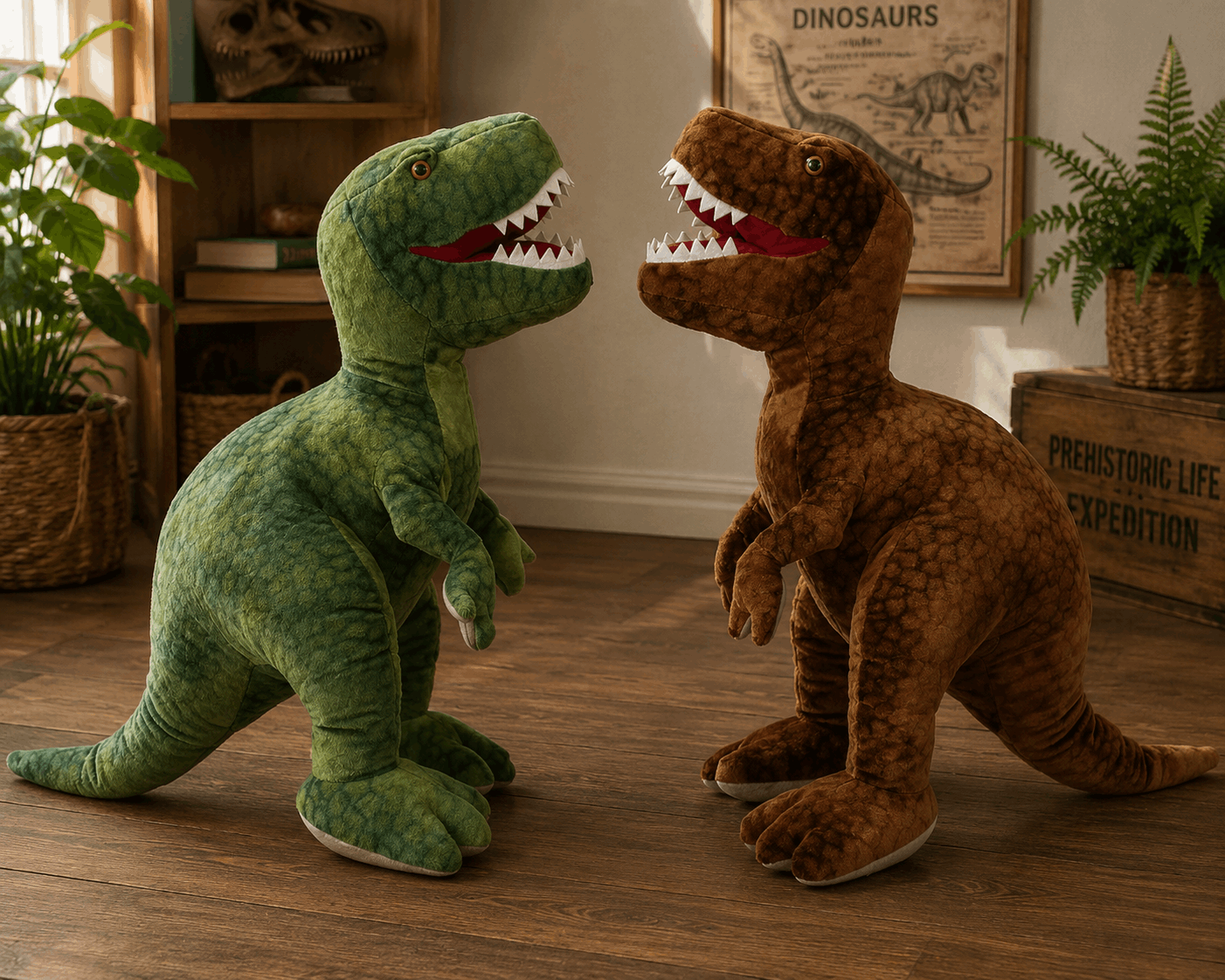 Two plush dinosaur toys, one green and one brown, facing each other on a wooden floor.