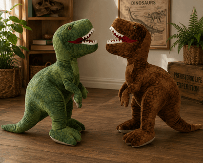 Two plush dinosaur toys, one green and one brown, facing each other on a wooden floor.