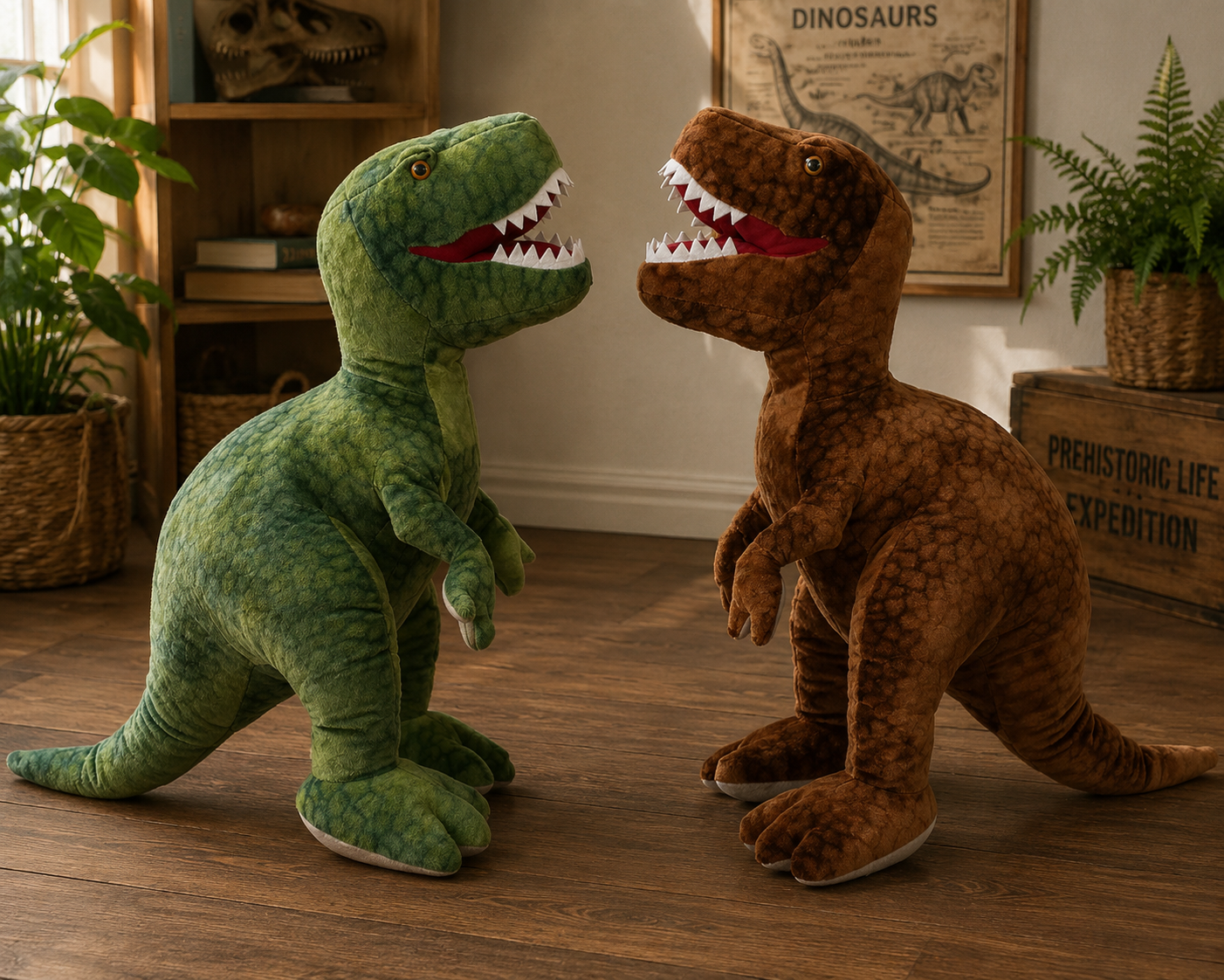 Two plush dinosaur toys, one green and one brown, facing each other on a wooden floor.