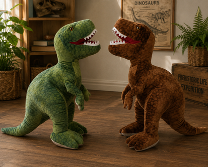 Two plush dinosaur toys, one green and one brown, facing each other on a wooden floor.