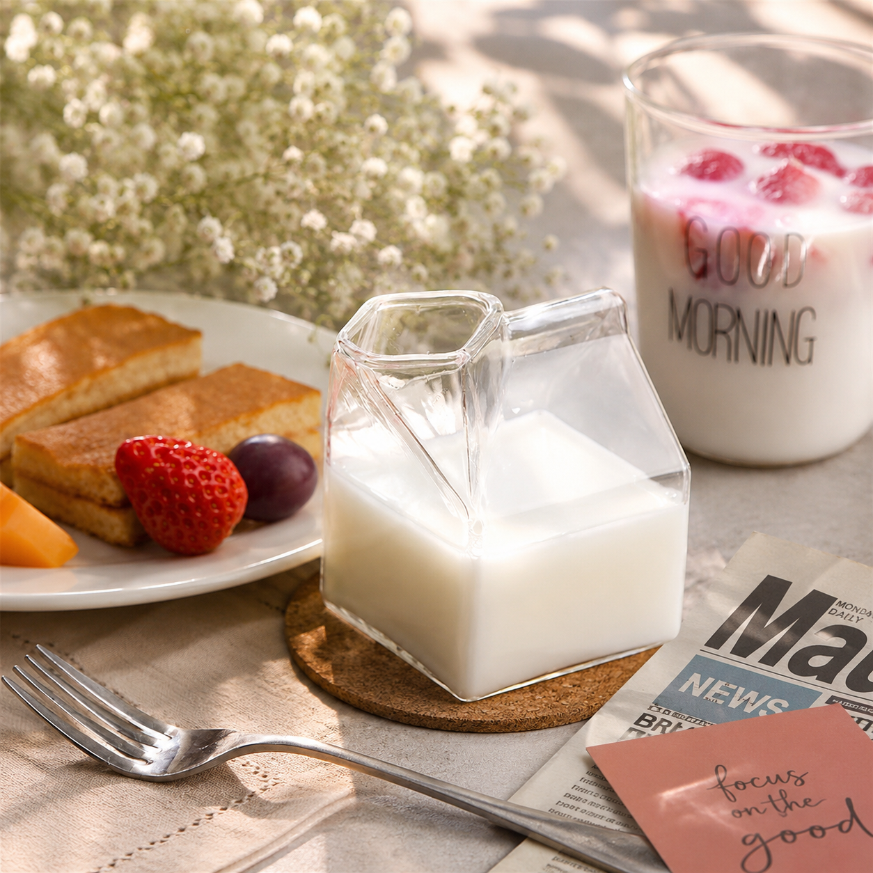 Glass milk bottle with a glass of milk, toast, and berries on a table with 'Good Morning' coffee.