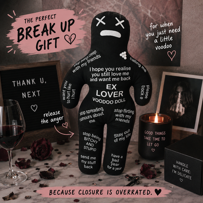Black voodoo doll labeled 'Ex Lover' on a table with candles and wine, described as a break-up gift.