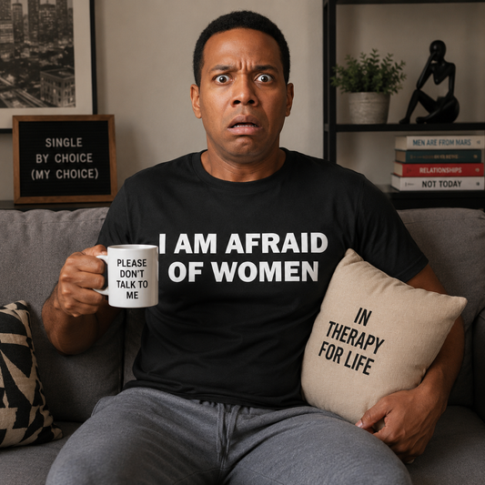 Man sitting on a couch holding a mug and a pillow with text, wearing a black t-shirt with white text.