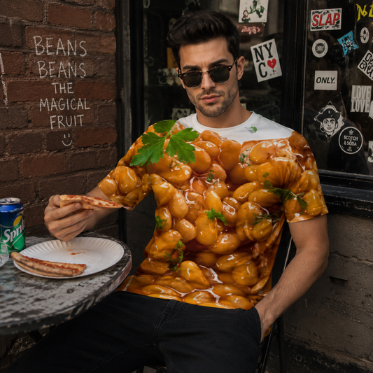 Man wearing a shirt with a food print, sitting at a table eating pizza.