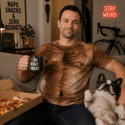 Man sitting on a couch with a mug and pizza, petting a dog, in a room with a 'Stay Weird' neon sign.