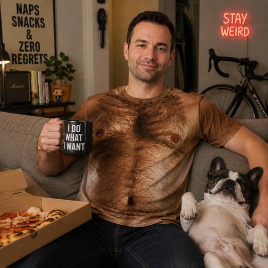 Man sitting on a couch with a mug and pizza, petting a dog, in a room with a 'Stay Weird' neon sign.