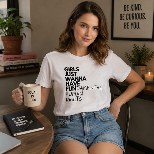 Woman wearing a white t-shirt with a message, holding a mug, in a room with decor and books.