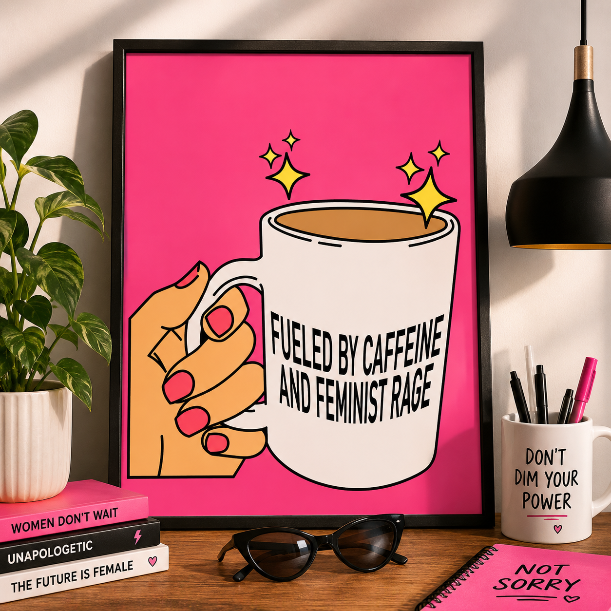 Framed poster with a hand holding a coffee mug on a desk with books and a plant.