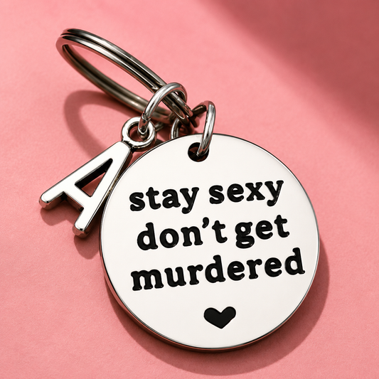 Keychain with 'stay sexy don't get murdered' text on a pink background