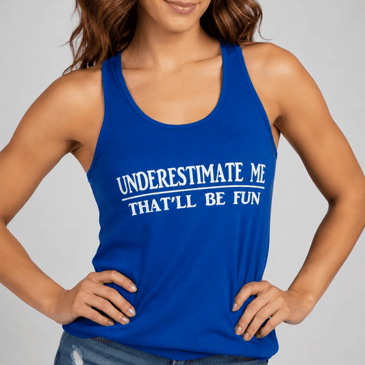 Person wearing a blue tank top with text on a gray background