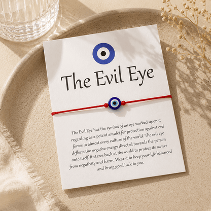 Evil Eye bracelet with card on a textured surface