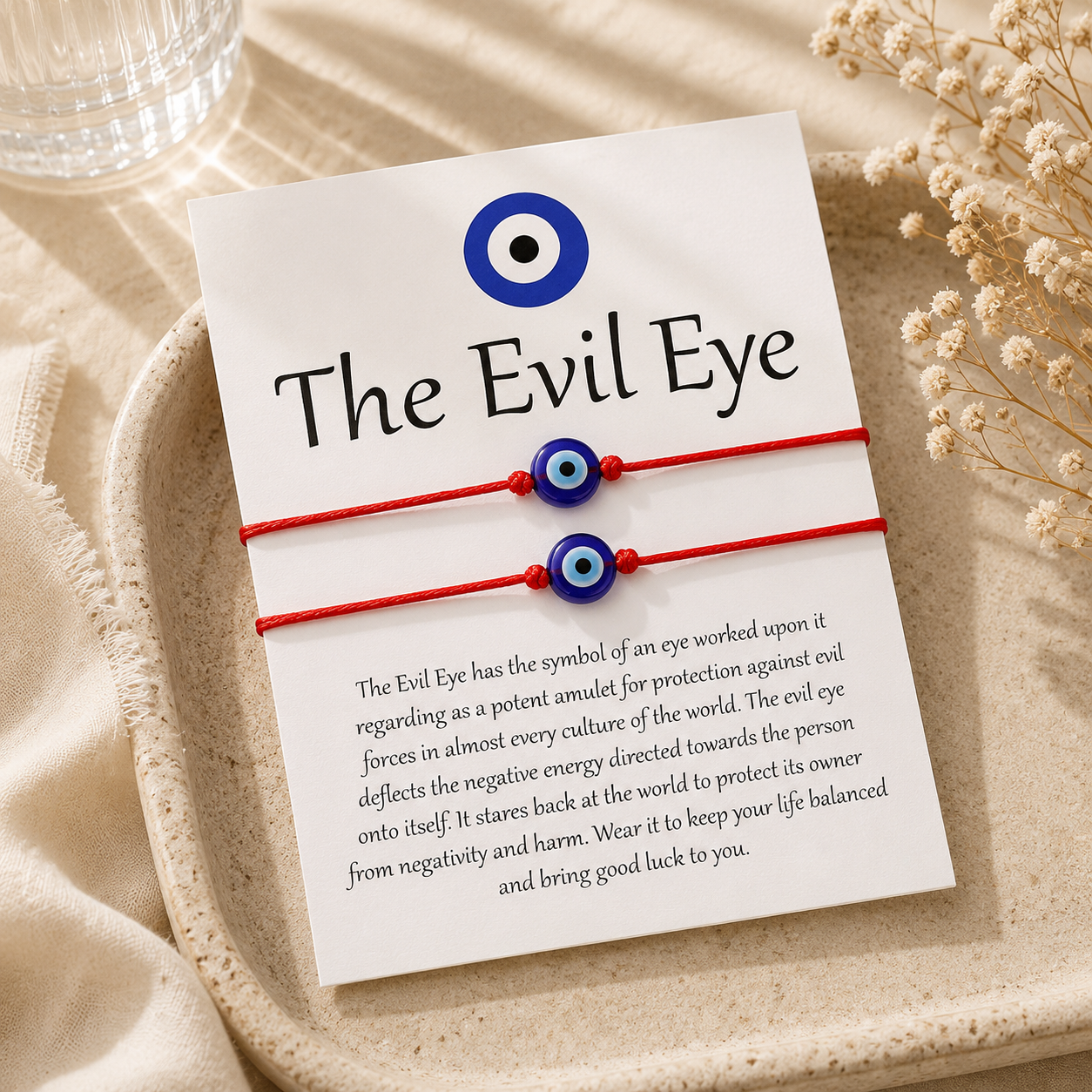Two red bracelets with blue evil eye symbols on a card with text about the evil eye.