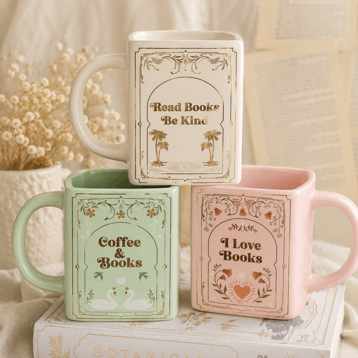 Three mugs with book-themed designs on a soft background
