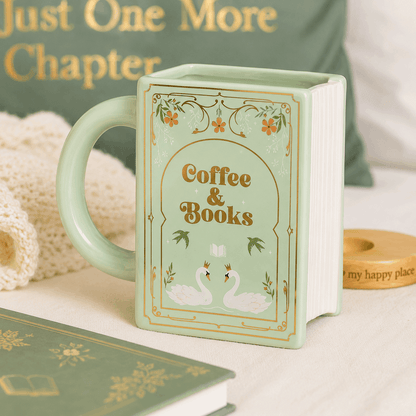 Mint green mug designed like a book with 'Coffee & Books' text and swan illustration, placed on a surface with books and a cozy blanket.