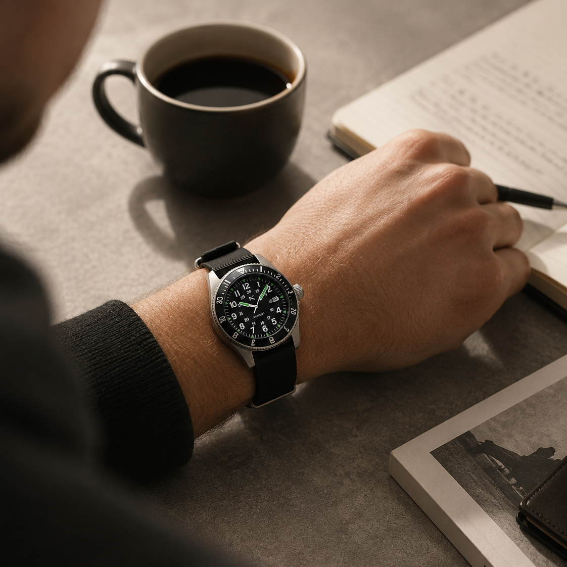 Person wearing a watch with a cup of coffee and notebook on a table