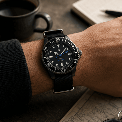 Atlantic dive watch on male models wrist 