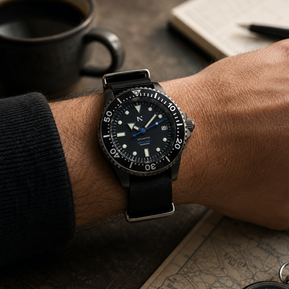 Atlantic dive watch on male models wrist 