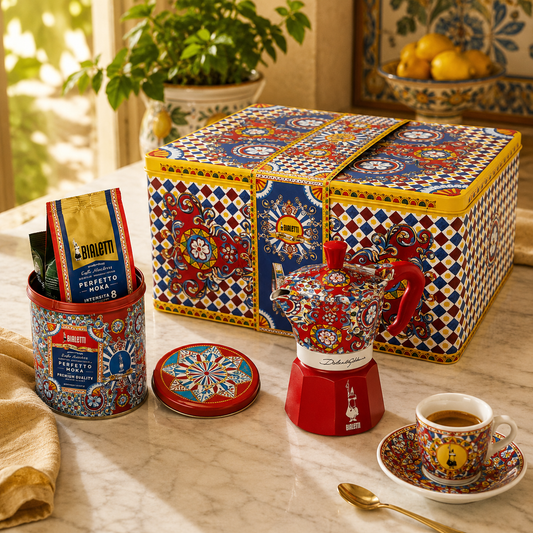 Decorative coffee set with a colorful box, moka pot, and coffee cup on a marble surface.