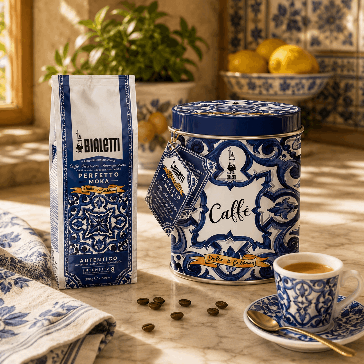 Bialetti coffee packaging with a canister, bag, and cup on a table.