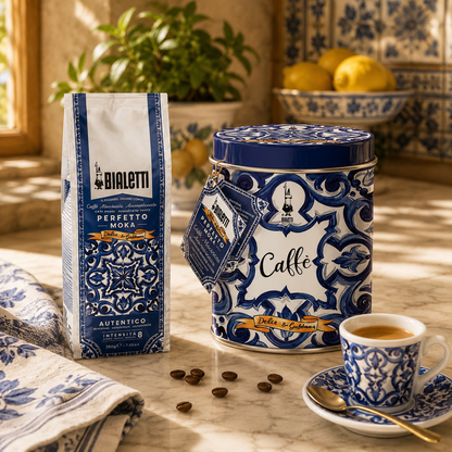 Bialetti coffee packaging with a canister, bag, and cup on a table.