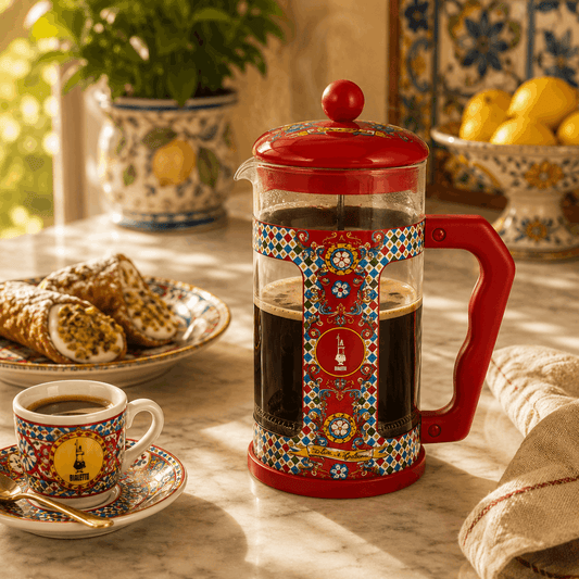 Decorative French press filled with coffee on a table with pastries and lemons.