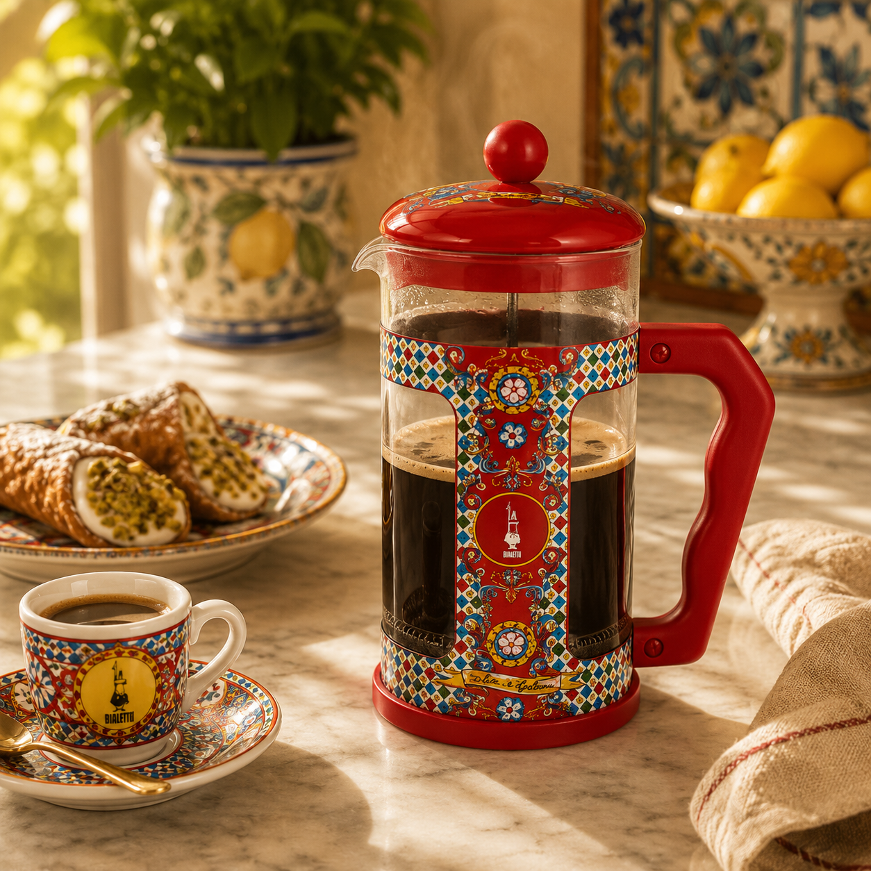 Decorative French press filled with coffee on a table with pastries and lemons.