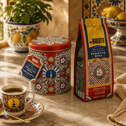 Bialetti coffee packaging with a cup and saucer on a decorative table.