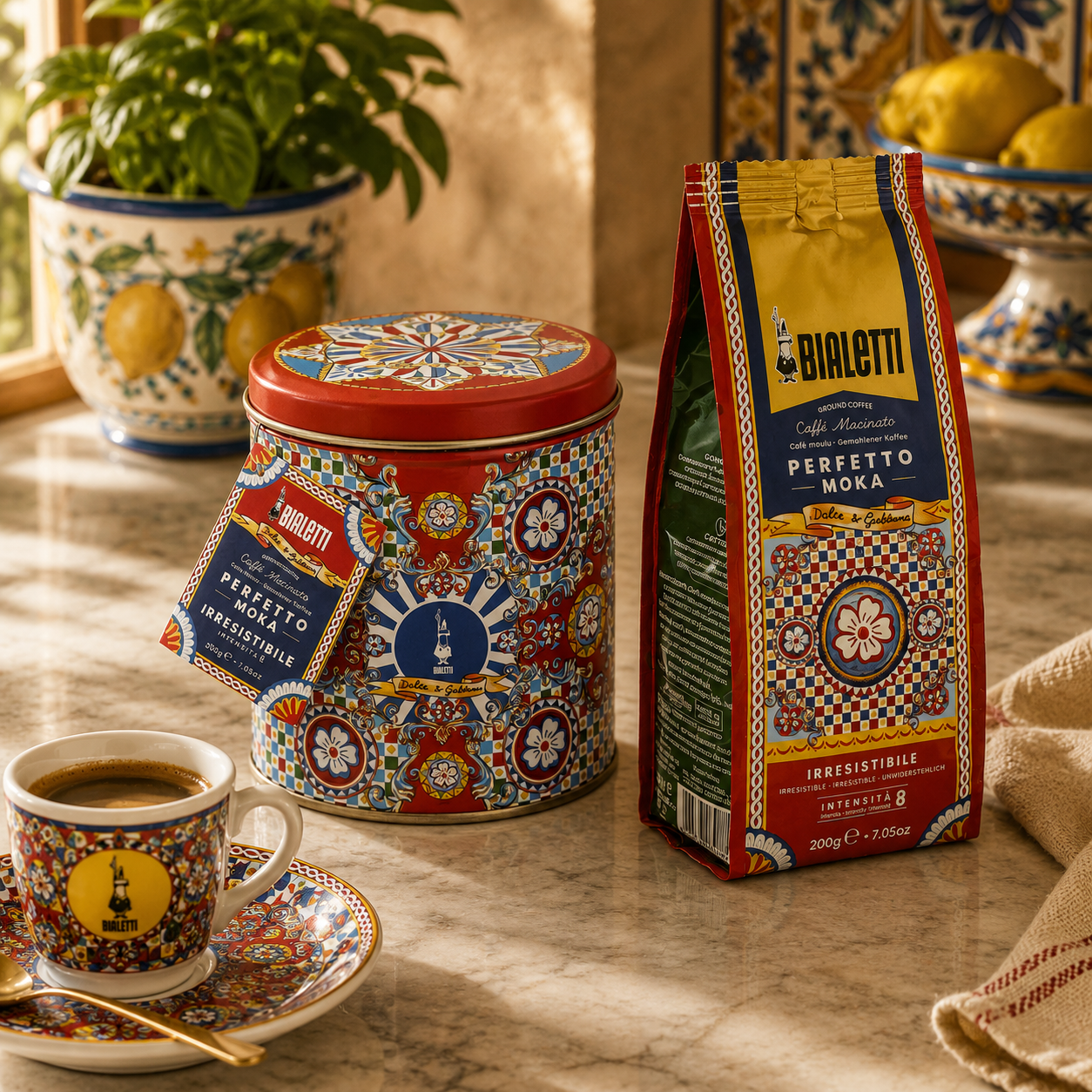 Bialetti coffee packaging with a cup and saucer on a decorative table.